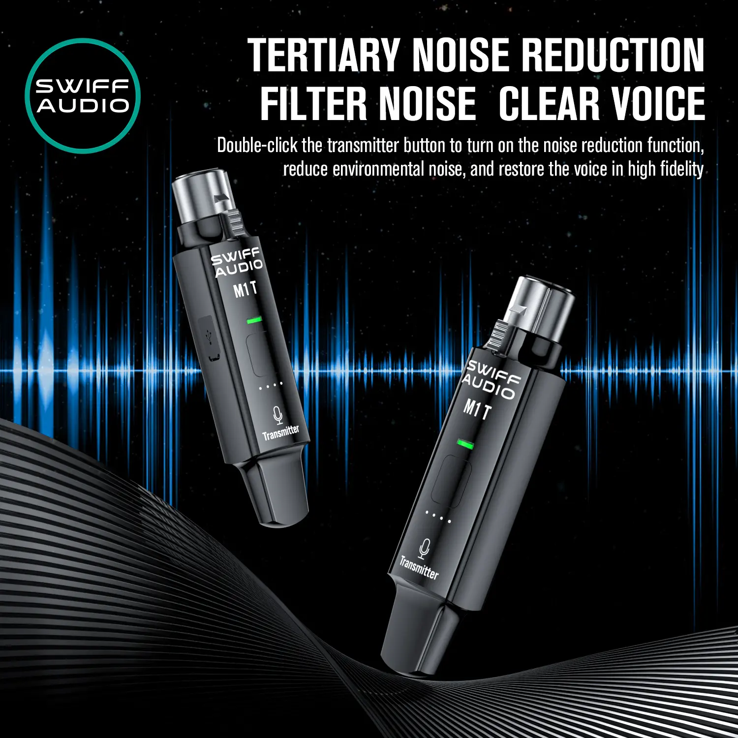 Swiff Audio M1Plus 2.4GHz wireless microphone system with dual transmitters and up to 50m range.