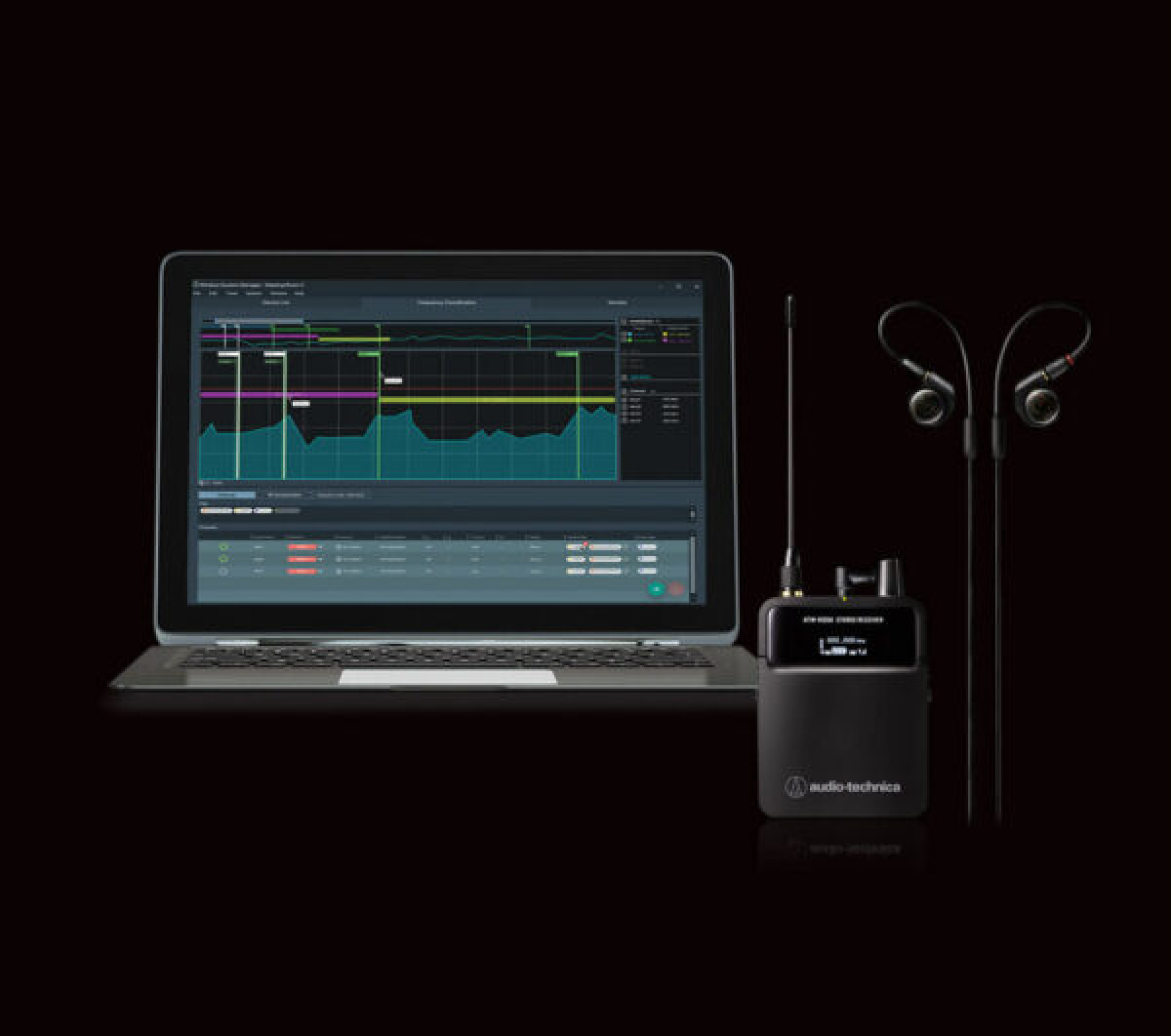 Transmitter and receiver units of the Audio-Technica AT3000 Series Wireless In-Ear Monitor System with OLED screens