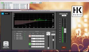 HK Audio DSP Control software showing EQ, delay, and speaker management settings.