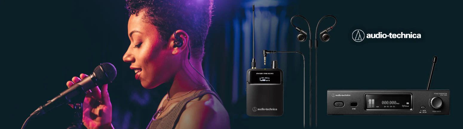 Audio-Technica AT3000 Series Wireless In-Ear Monitor System with transmitter, receiver, and headphones