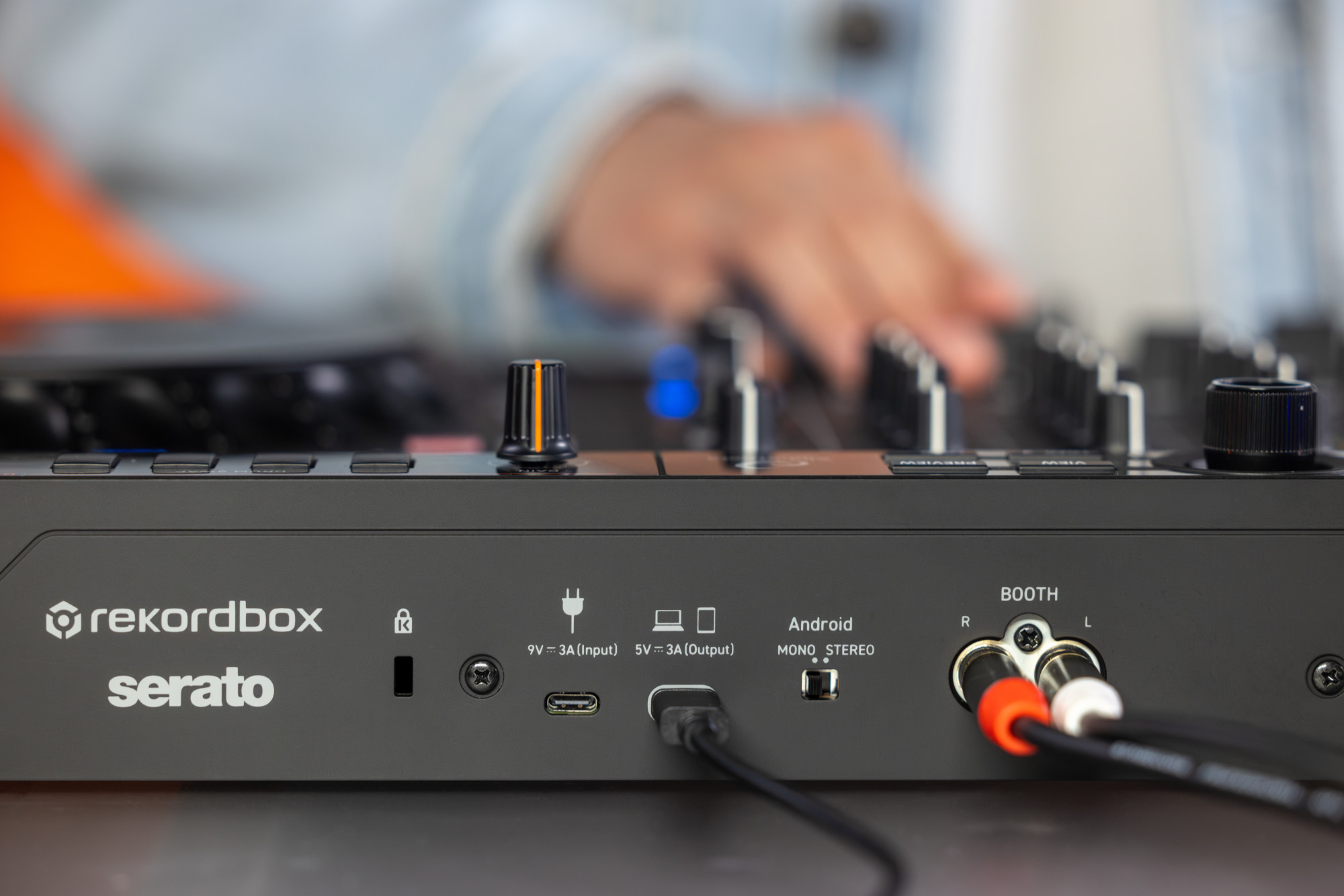 AlphaTheta DDJ-GRV6 back panel featuring dual USB ports and balanced XLR outputs.