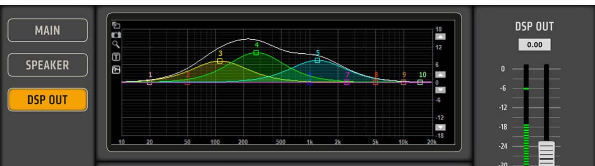A rear panel of an HK Audio Linear speaker showing the DSP-Out connection.