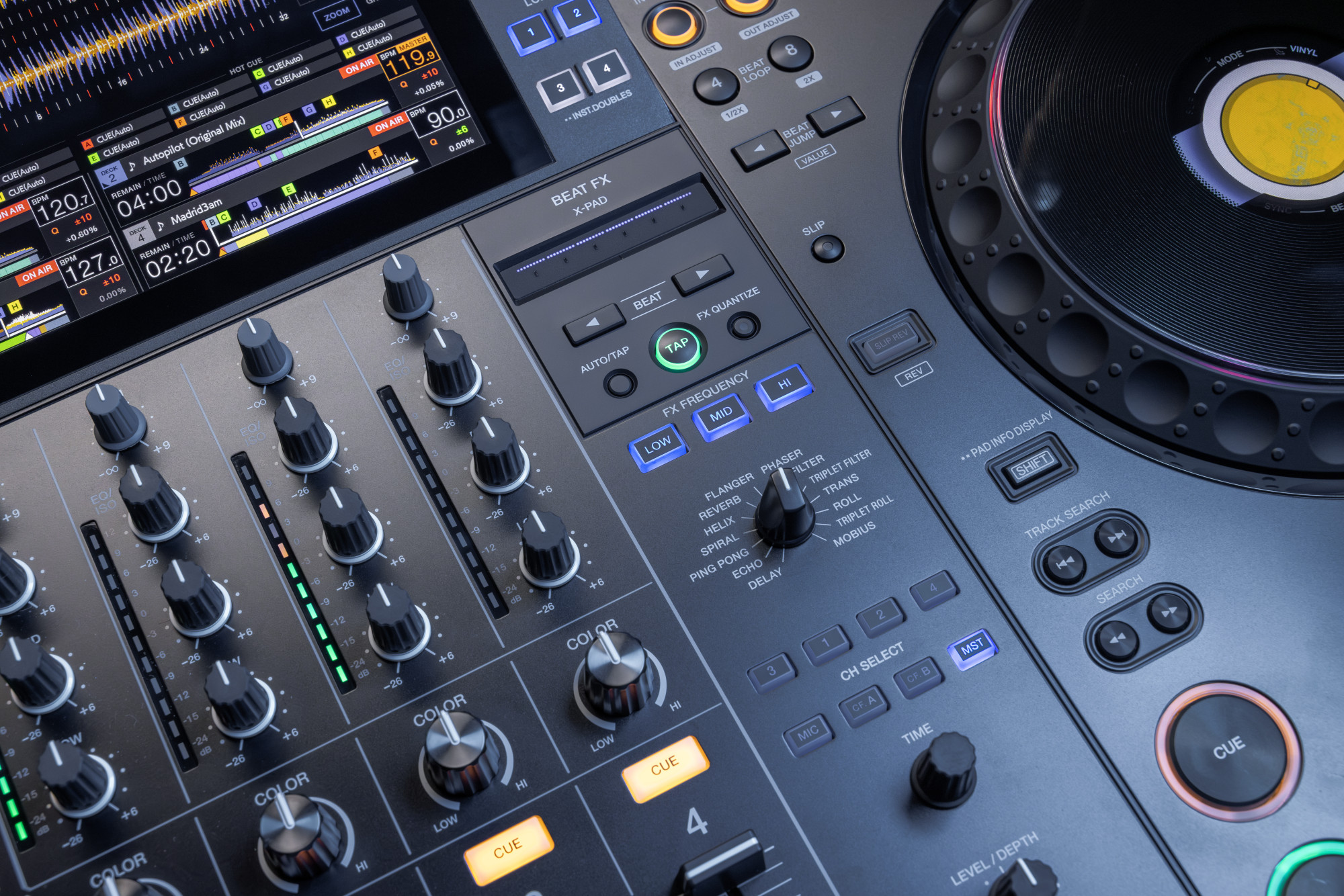 Performance features including FX knobs and performance pads on the XDJ-AZ