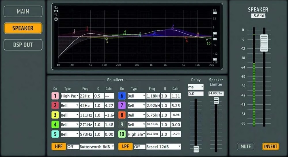 The EQ adjustment panel in HK Audio's DSP software, showing customizable filters.