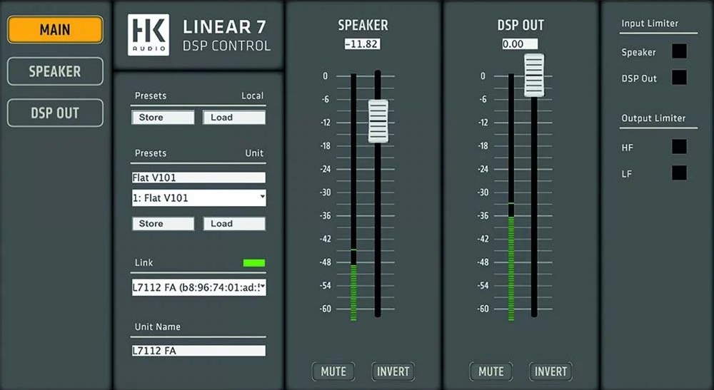 A close-up of the DSP preset selection screen on an HK Audio Linear speaker.