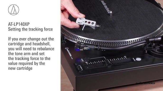 Close-up of the Audio-Technica AT-LP140XP tonearm with an AT-XP3 DJ cartridge and universal headshell.