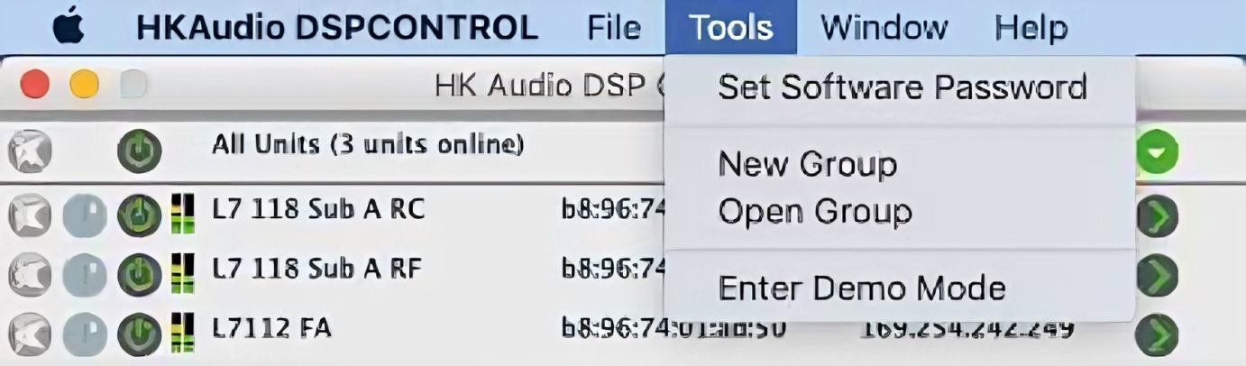 DSP Control software to adjust grouped speakers in a live event setup.