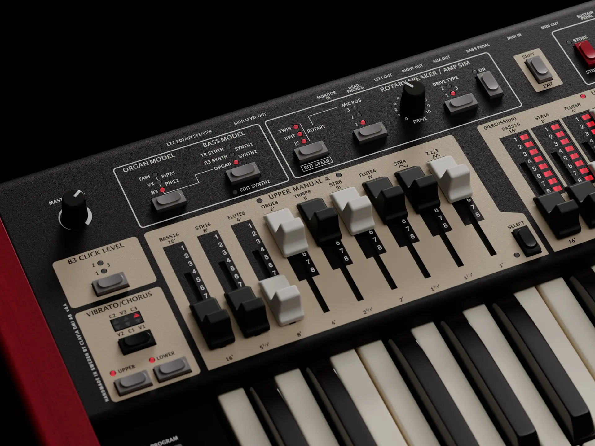 The Nord Organ 3 displaying the B3 organ mode, showcasing realistic drawbars and sound controls.